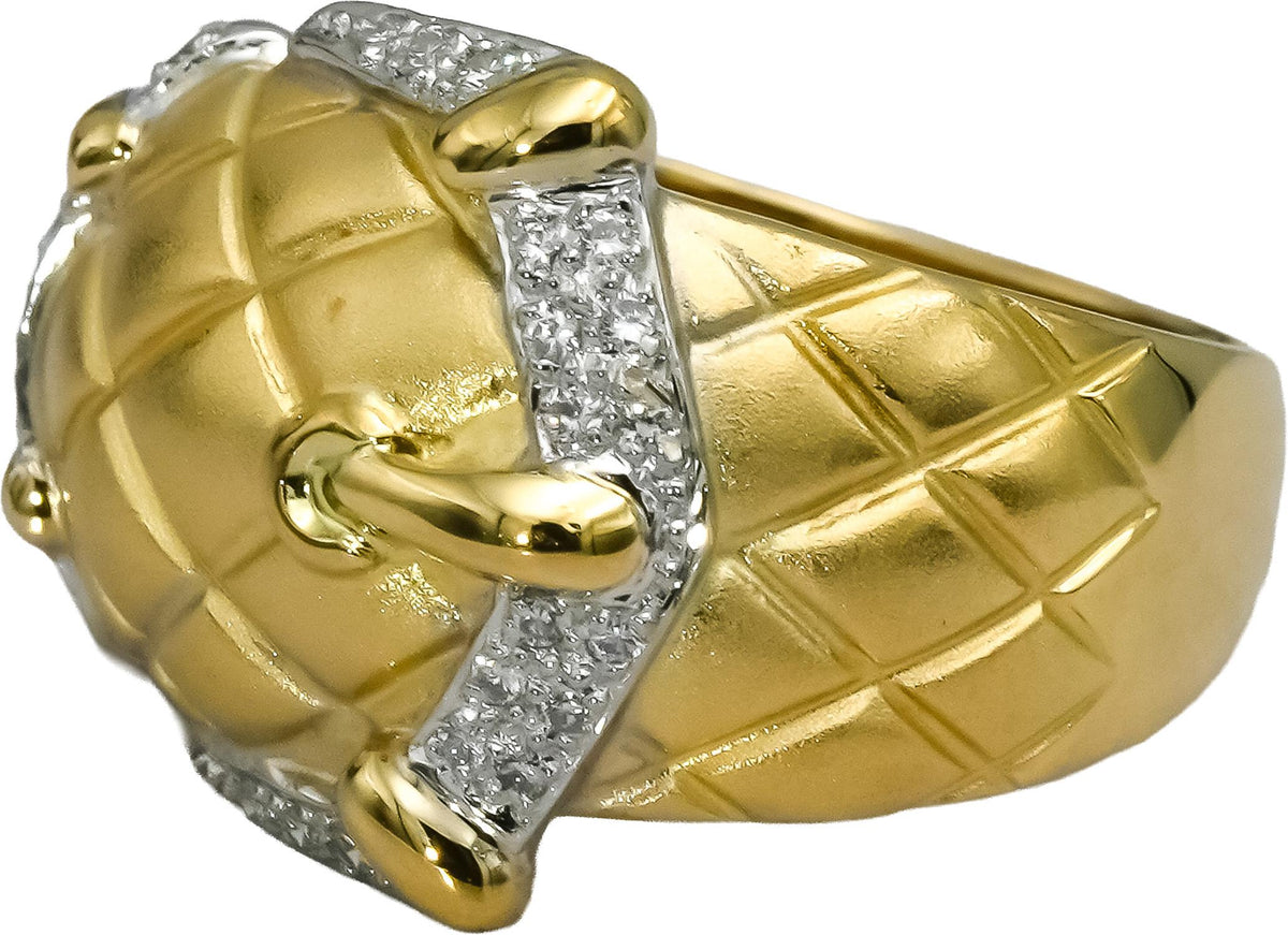 18k Yellow Gold Platinum VS Round Diamond Belt Buckle Ring 0.25CT Size 6.25