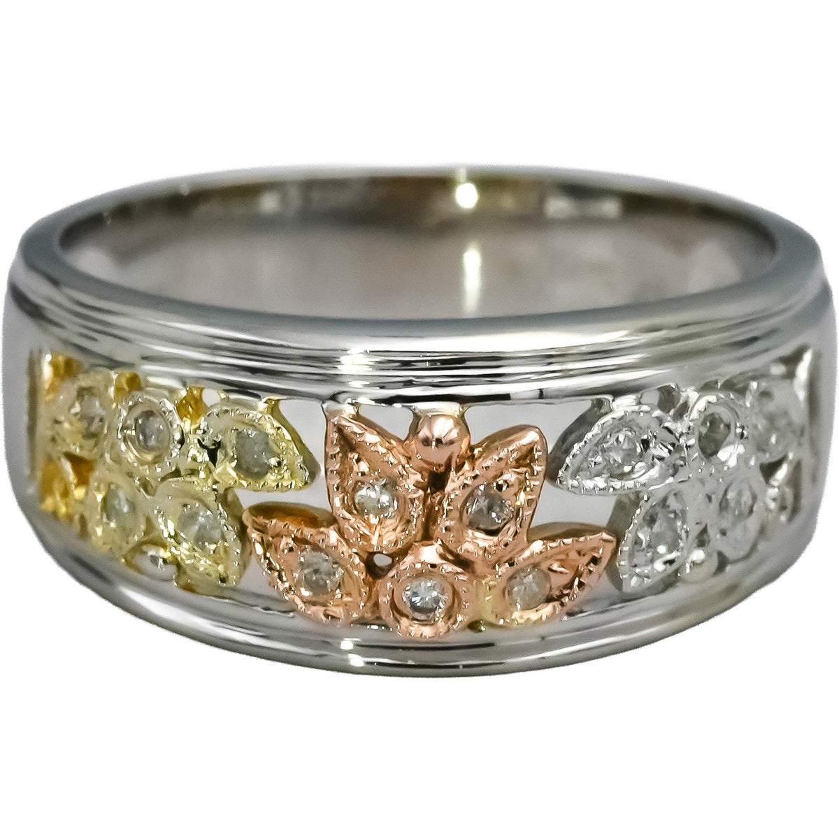14k White Yellow Rose Gold Round Diamond Floral Band Ring 0.15CT Size 6.25