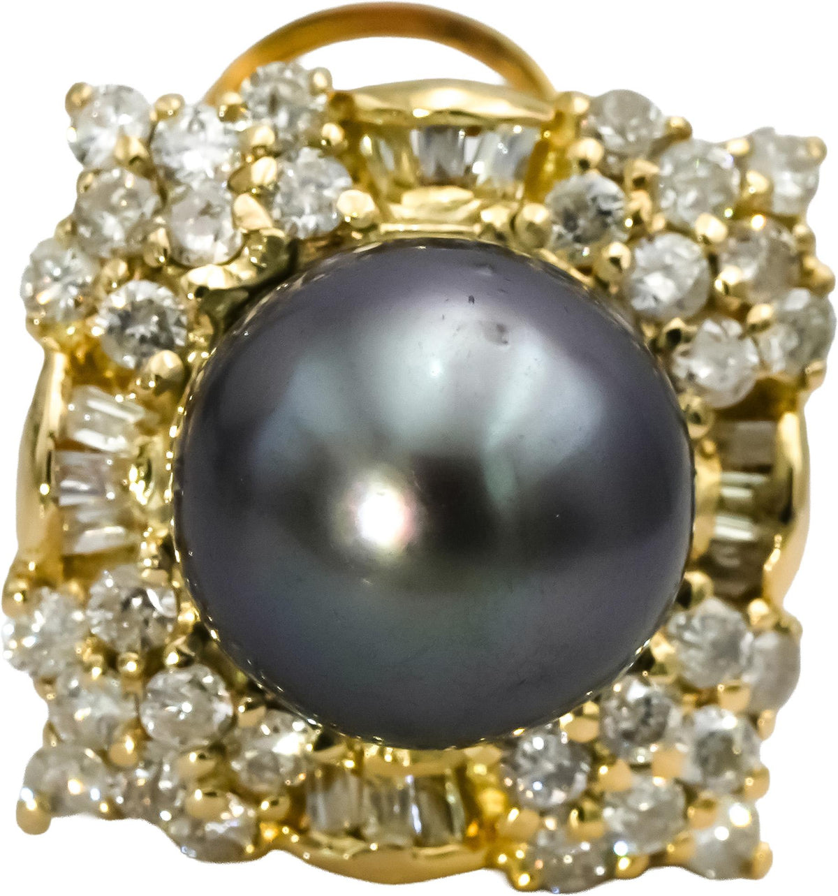 18k Yellow Gold Diamond and 11.0mm Black Tahitian Pearl Stud Earrings 2.50CT
