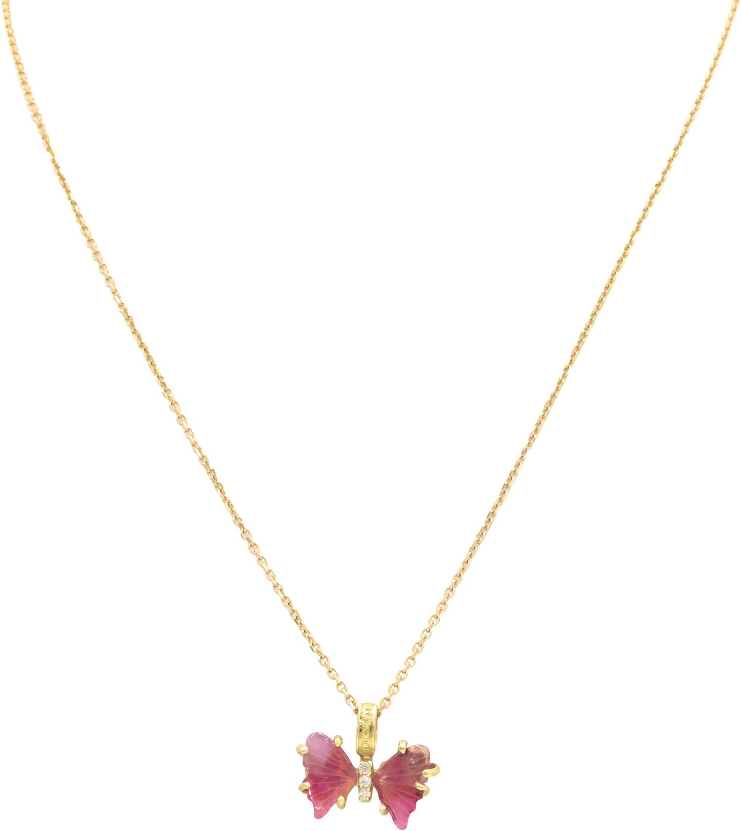 18k Yellow Gold Diamond and Pink Tourmaline Butterfly Pendant Necklace 4.06CT