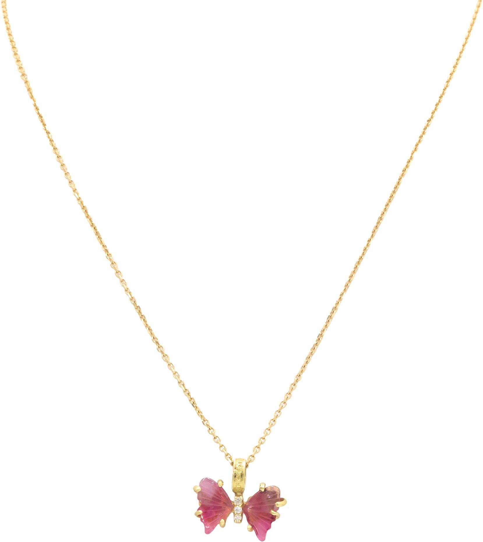 18k Yellow Gold Diamond and Pink Tourmaline Butterfly Pendant Necklace 4.06CT
