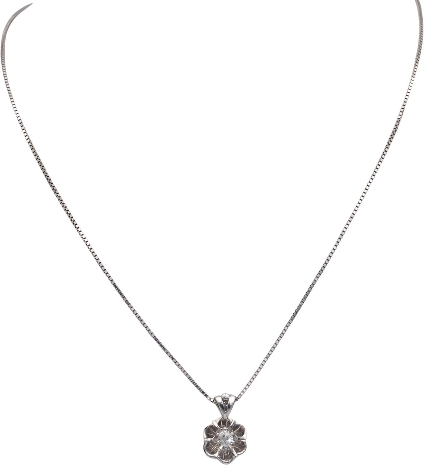 Vintage Antique 14k White Gold 0.20CT Old Mine Diamond Flower Pendant Necklace