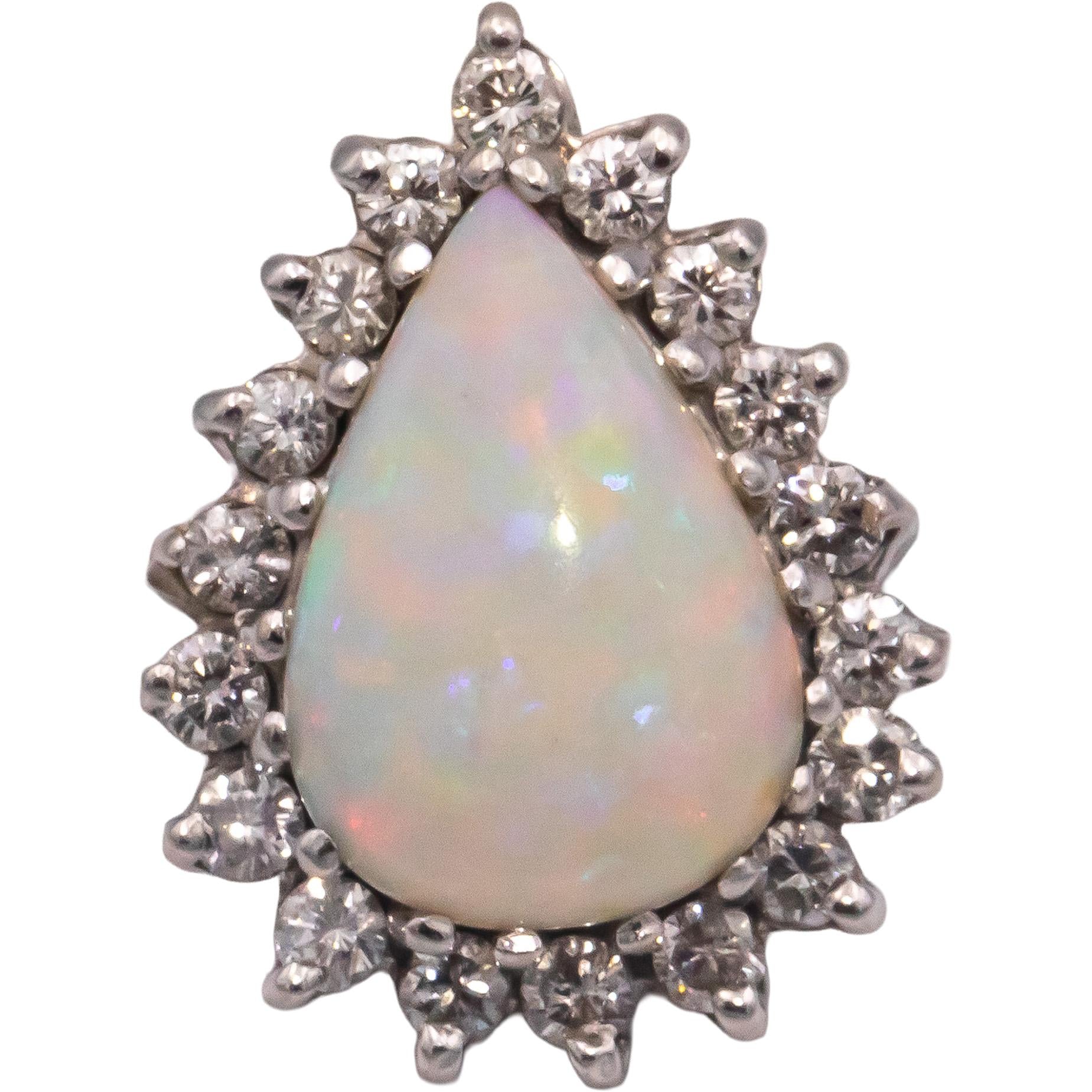 14k White Gold 3.50CT Round Cut Diamond and Cabochon Opal Ring Size 7.75