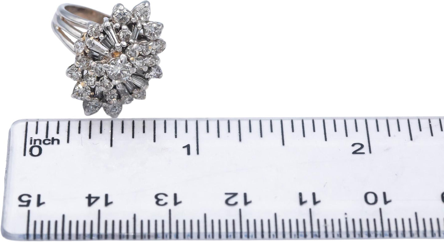 14k White Gold 1.50CT VS Round & Baguette Cut Diamond Cocktail Ring Size 4.5
