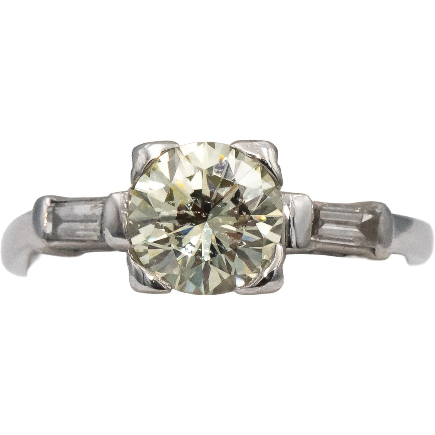 Platinum Round & Baguette Diamond Engagement Ring 1.32CT w/ 1.17CT Center