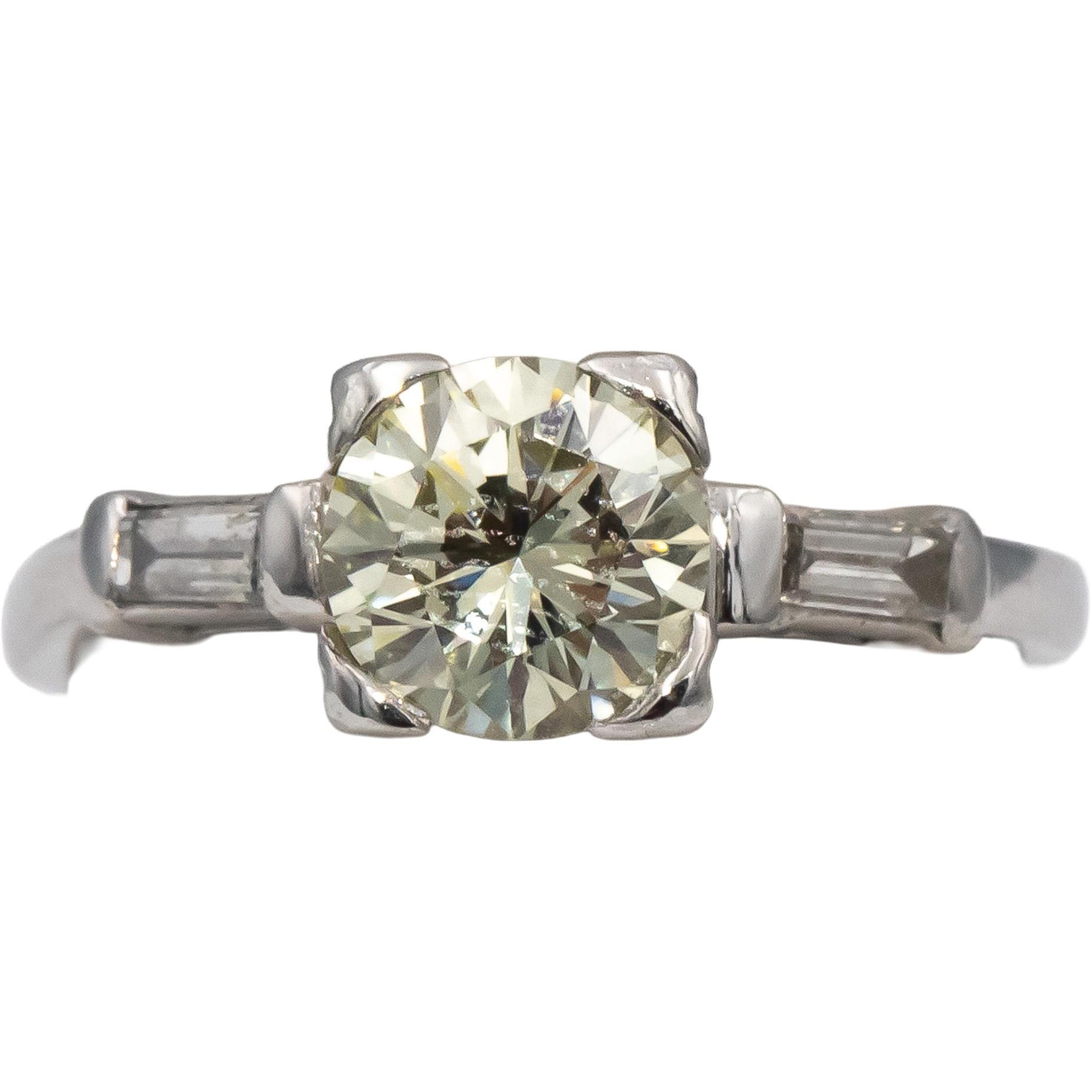 Platinum Round & Baguette Diamond Engagement Ring 1.32CT w/ 1.17CT Center