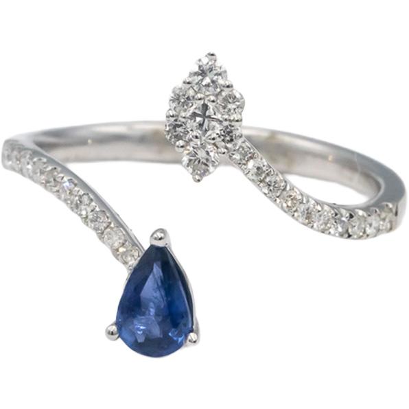 18k White Gold Pear Cut Sapphire & Round Diamond Bypass Ring 0.75CT Size 7.5
