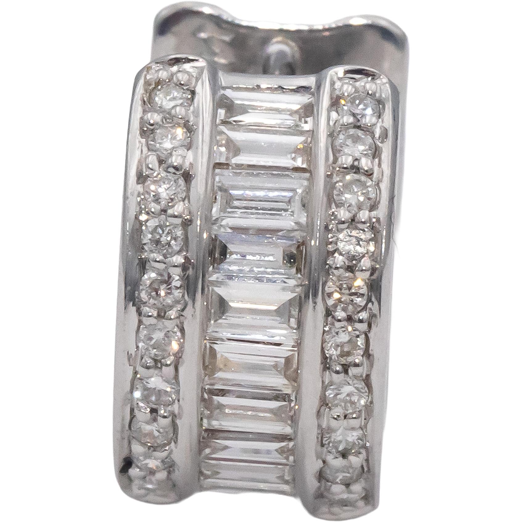 14k White Gold VS Round & Emerald Cut Diamond Hoop Huggie Earrings 1.0CT