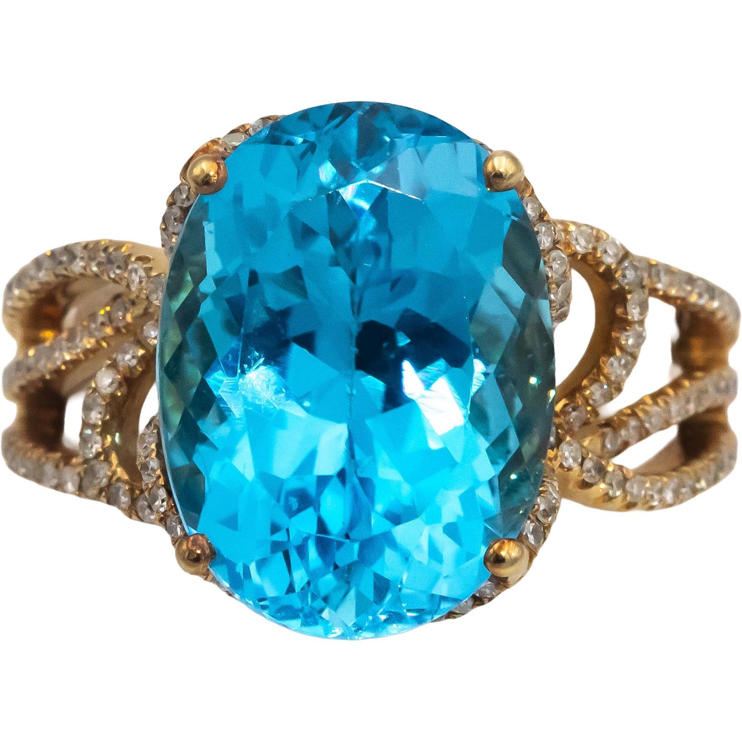 14k Yellow Gold Oval Blue Topaz and Round Diamond Cocktail Ring 13.20CT Size 9