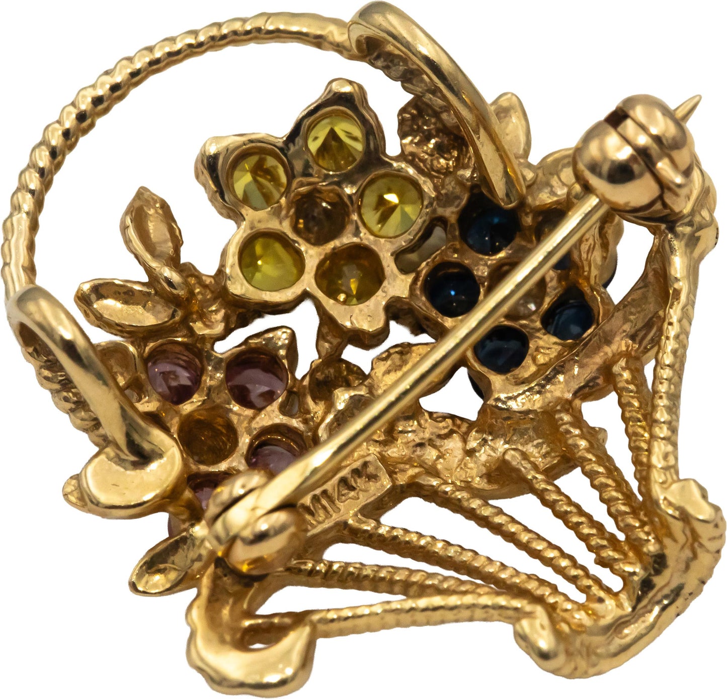 14k Gold Diamond & Yellow Pink Blue Sapphire Flower Basket Brooch Pendant .53CTW