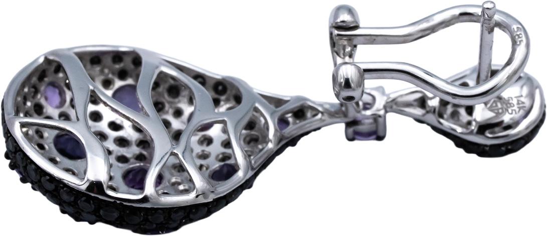 14k White Gold Round White & Black Diamond Amethyst Cluster Earrings 2.0CTW