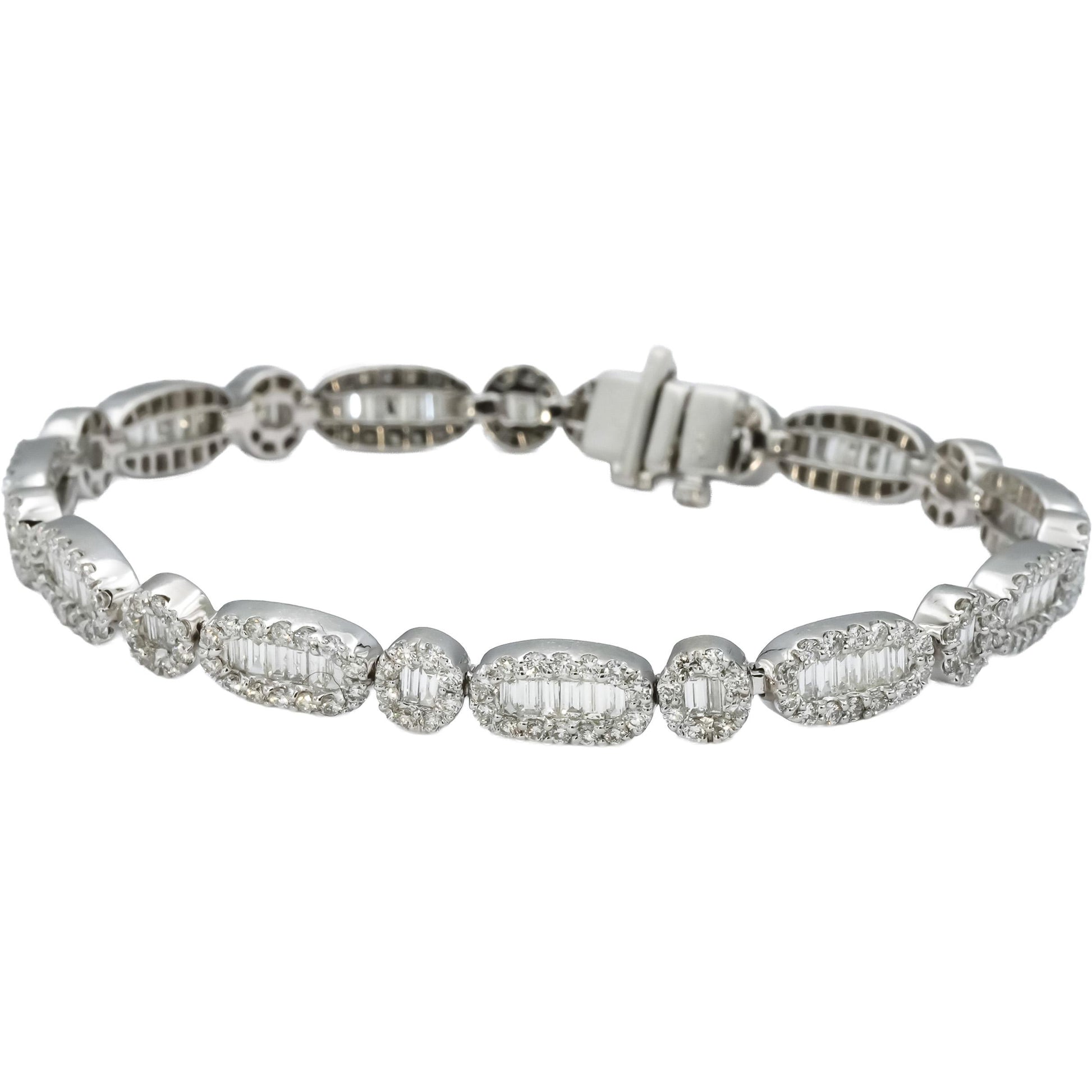 18k White Gold VS Round & Emerald Cut Fancy Link Bracelet 6.0CT