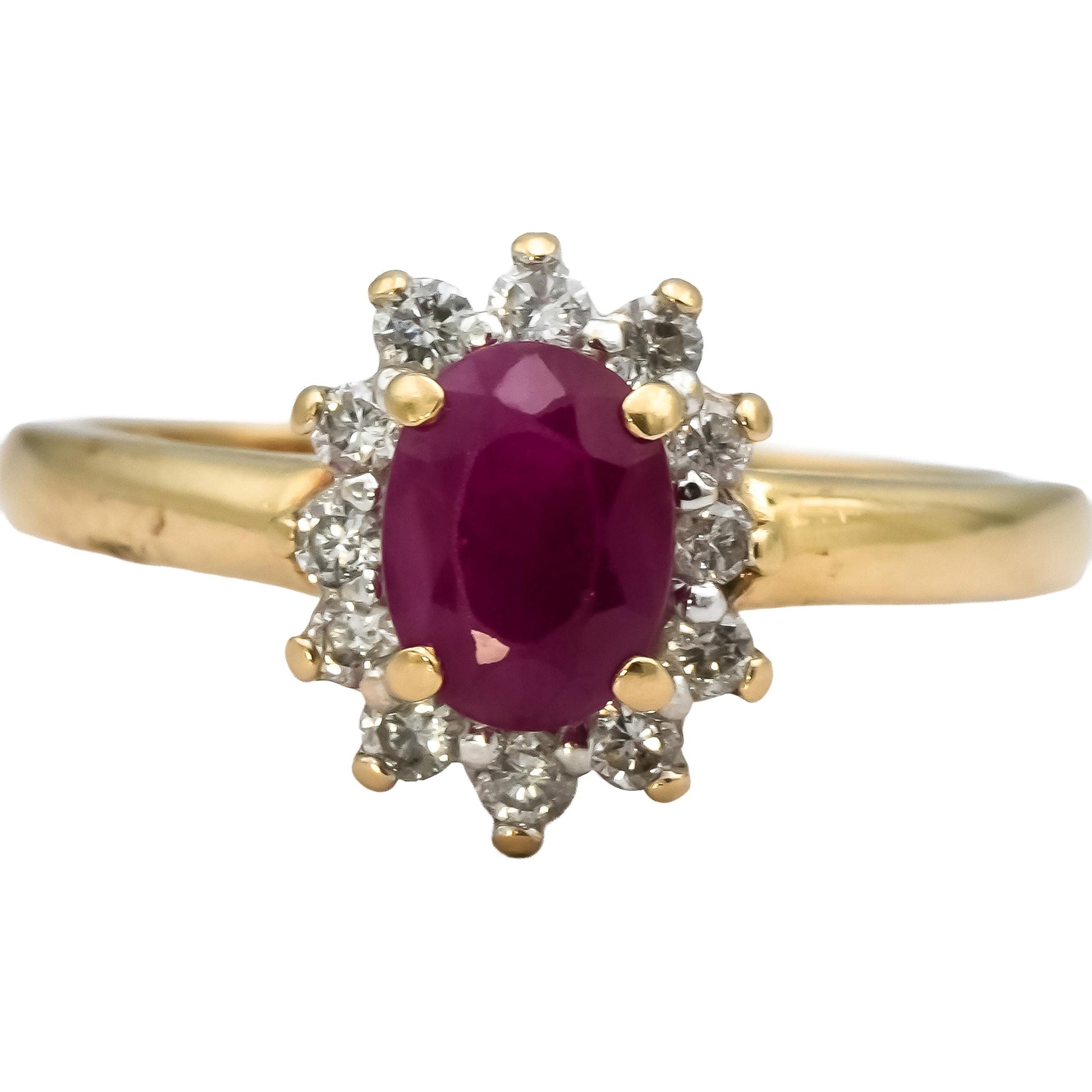 Oval Ruby and Round Diamond 14k Yellow Gold Halo Ring 1.0CT Size 6.75