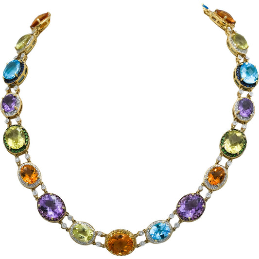 14k Yellow Gold Assorted Gemstone and Diamond Fancy Link Necklace 91.0CTW