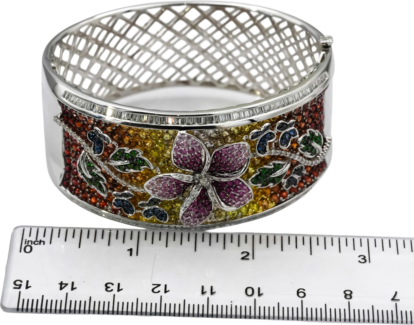18k White Gold Diamond Multi Color Gemstone Floral Wide Bangle Bracelet 12.50CT