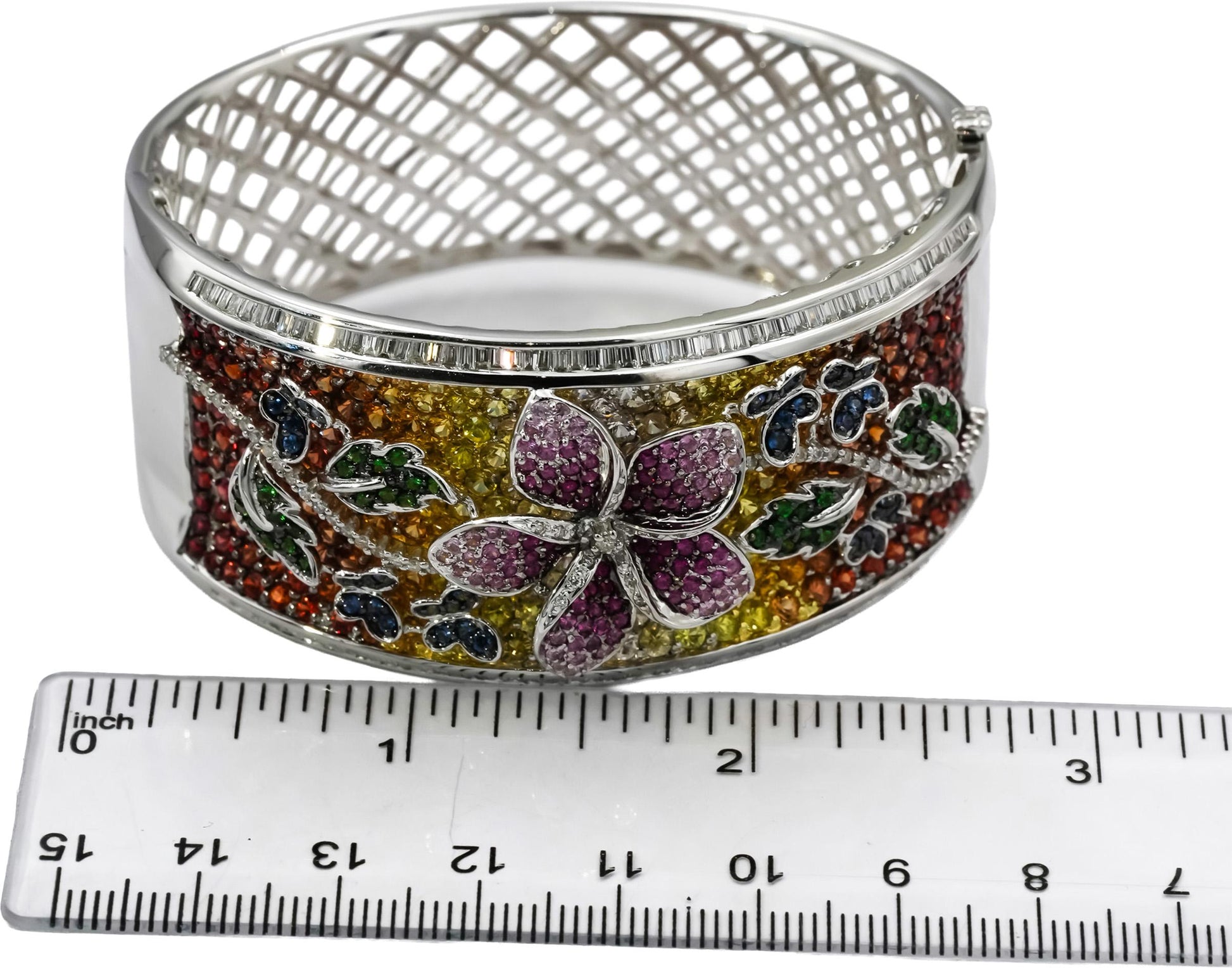 18k White Gold Diamond Multi Color Gemstone Floral Wide Bangle Bracelet 12.50CT