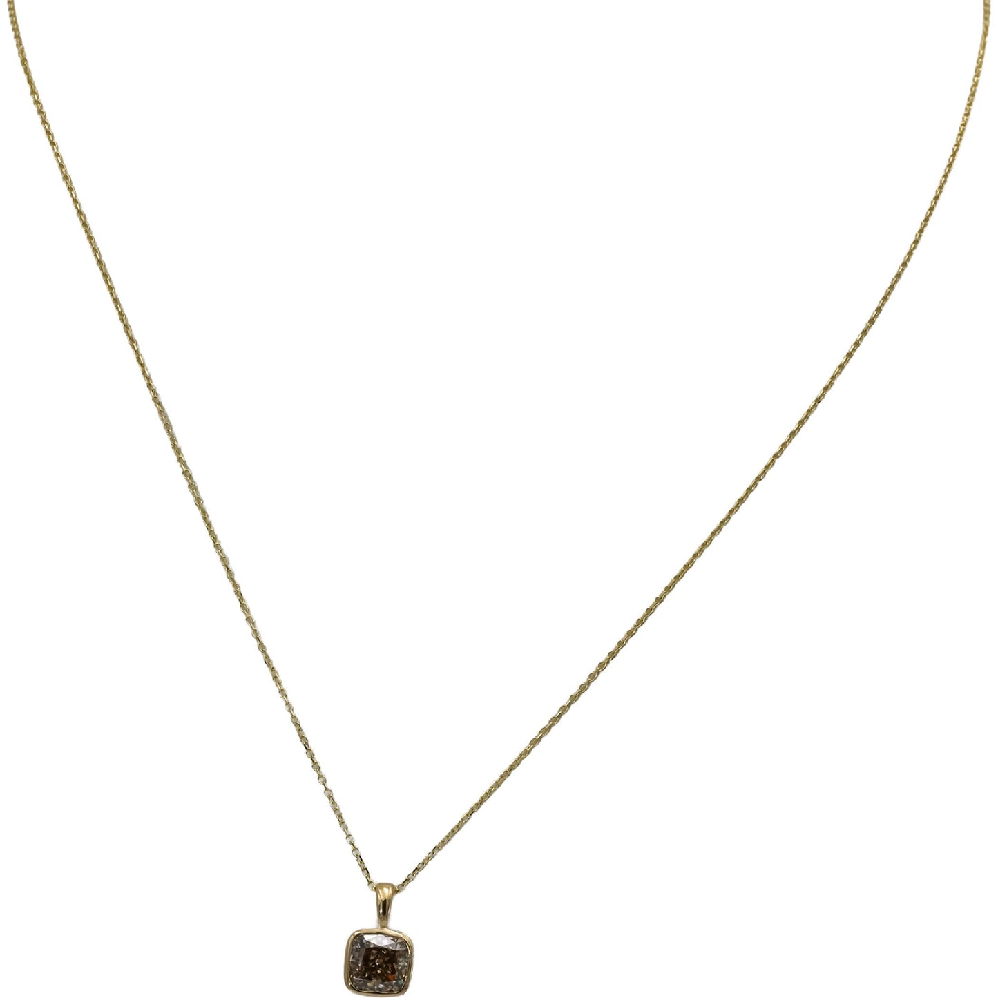 14k Yellow Gold Cushion Cut Bezel Set Diamond Solitaire Pendant Necklace 1.67CT