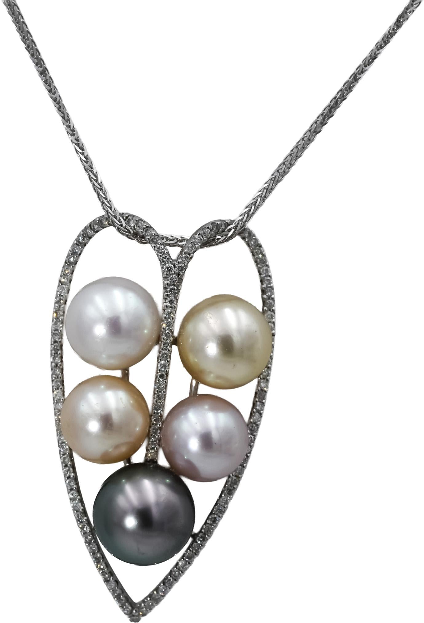 18k White Gold VS Round Diamond and 8-9.5mm Pearl Pendant Necklace 0.52CT