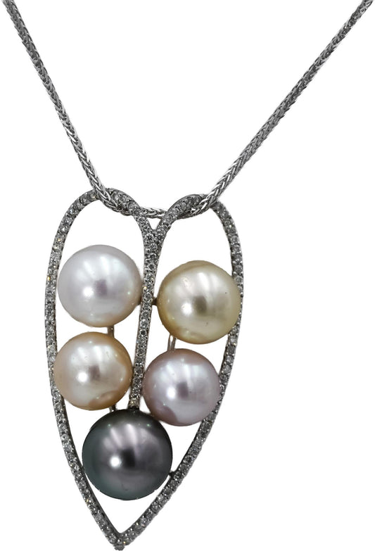 18k White Gold VS Round Diamond and 8-9.5mm Pearl Pendant Necklace 0.52CT