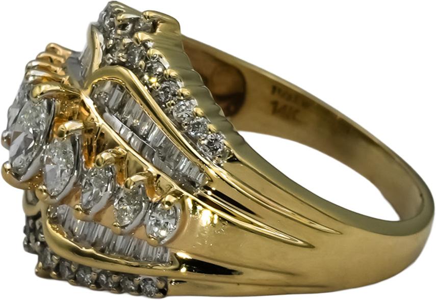 14k Yellow Gold Marquise Round Baguette Diamond Cocktail Ring 1.50CT Size 9