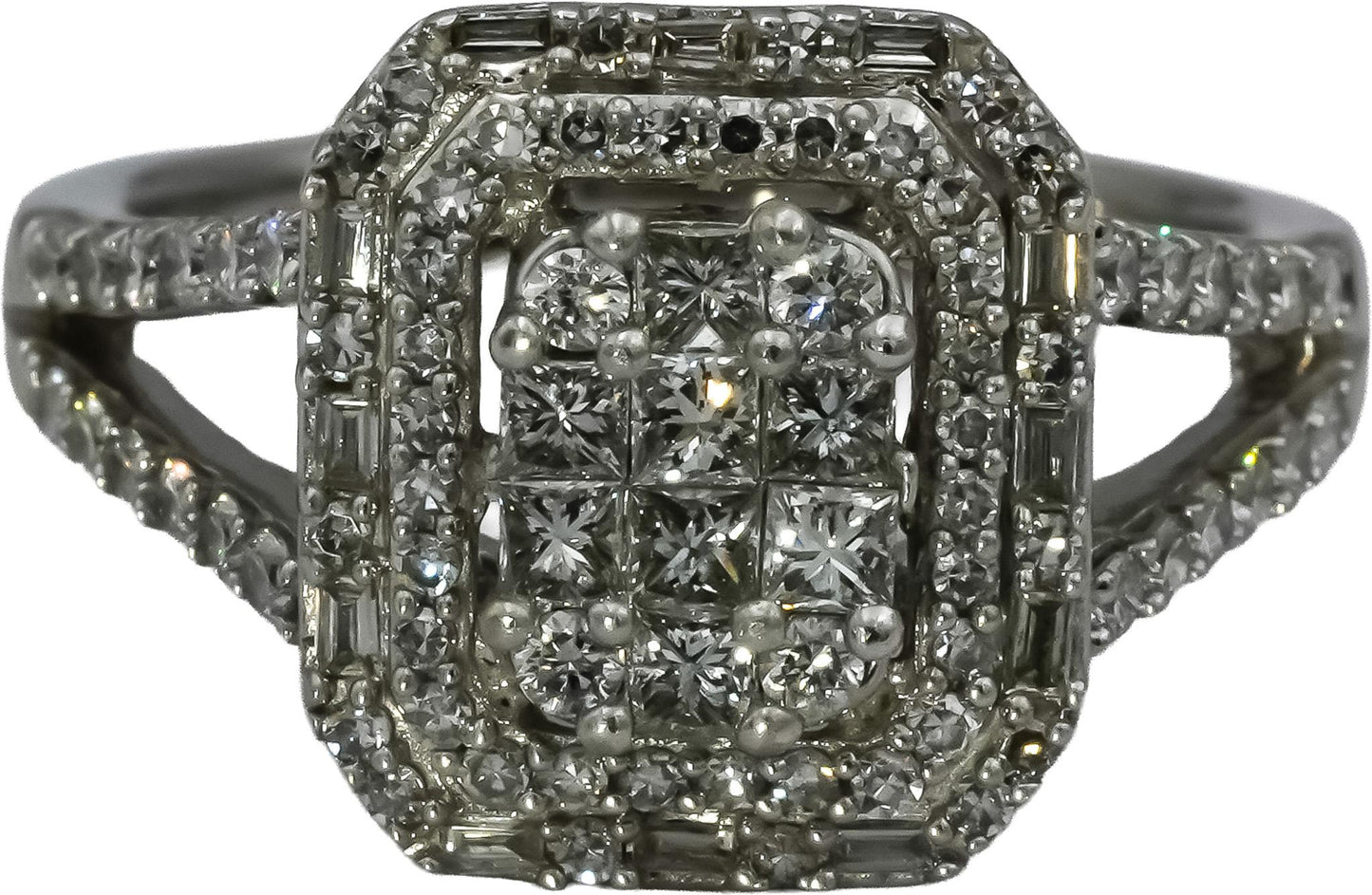 14k White Gold Princess and Round Diamond Cluster Cocktail Ring 1.0CT Size 7