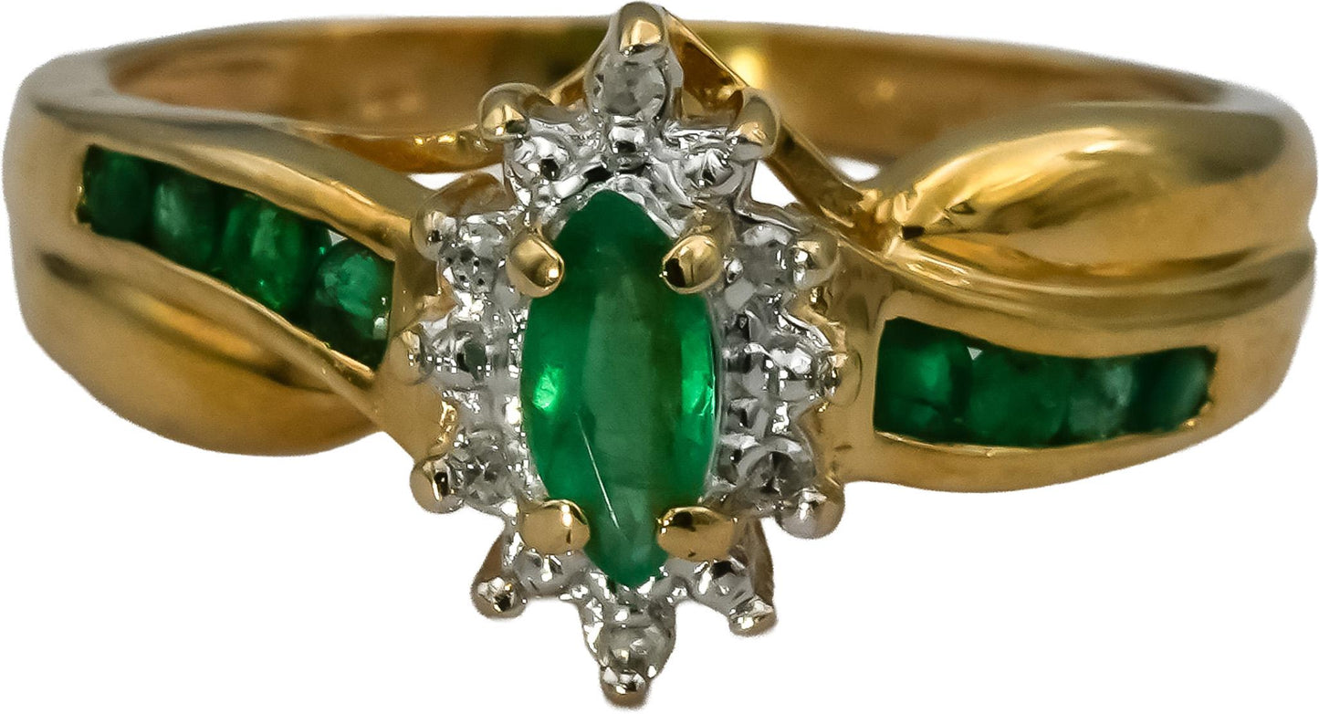 10K Yellow Gold Emerald Ring 0.35CT Size 5 w/ Diamond Accents