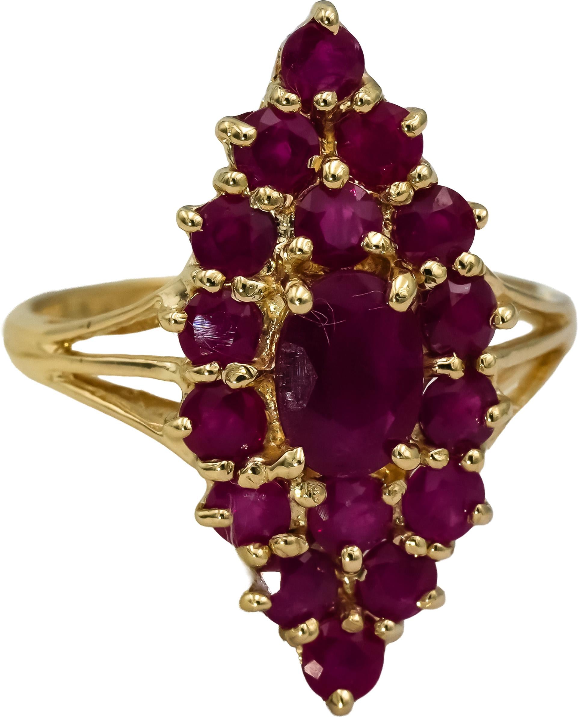 14k Yellow Gold Oval and Round Ruby Cocktail Ring 2.0CT Size 8