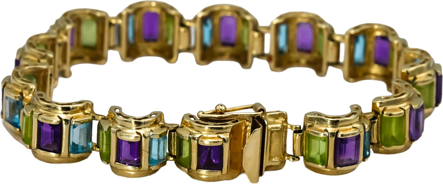14k Yellow Gold Emerald Cut Multi-Color Gemstone Bracelet 20.0CT