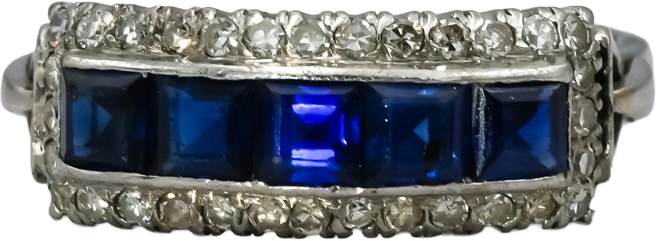 Art Deco Antique 14k White Gold Diamond & Synthetic Sapphire Ring 1.80CT Sz 8