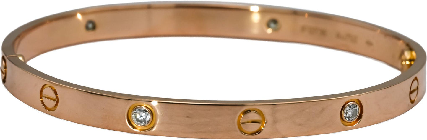 CARTIER 18k Gold Diamond Love Screw Motif Bangle Bracelet .42CT w/ Pouch Sz 20