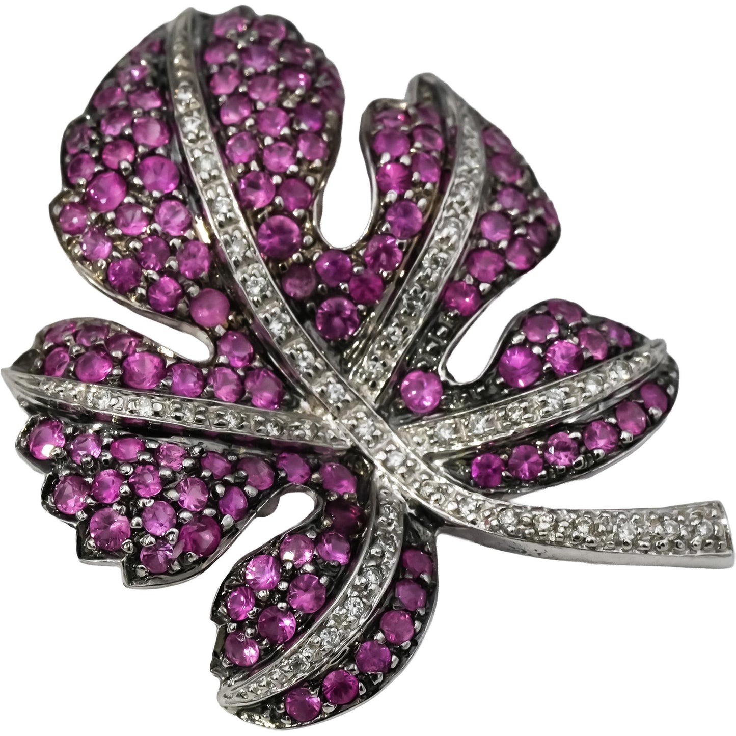 14k White Gold Diamond and Pink Sapphire Cluster Leaf Pendant 2.0CT