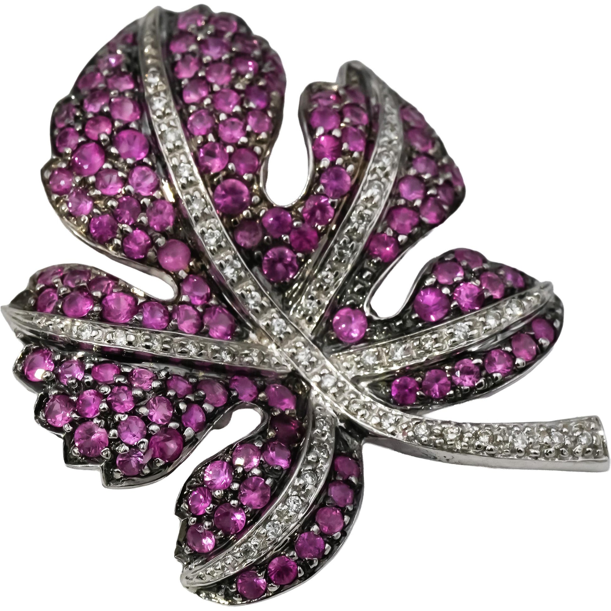 14k White Gold Diamond and Pink Sapphire Cluster Leaf Pendant 2.0CT