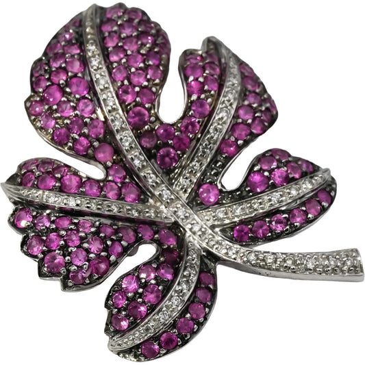 14k White Gold Diamond and Pink Sapphire Cluster Leaf Pendant 2.0CT