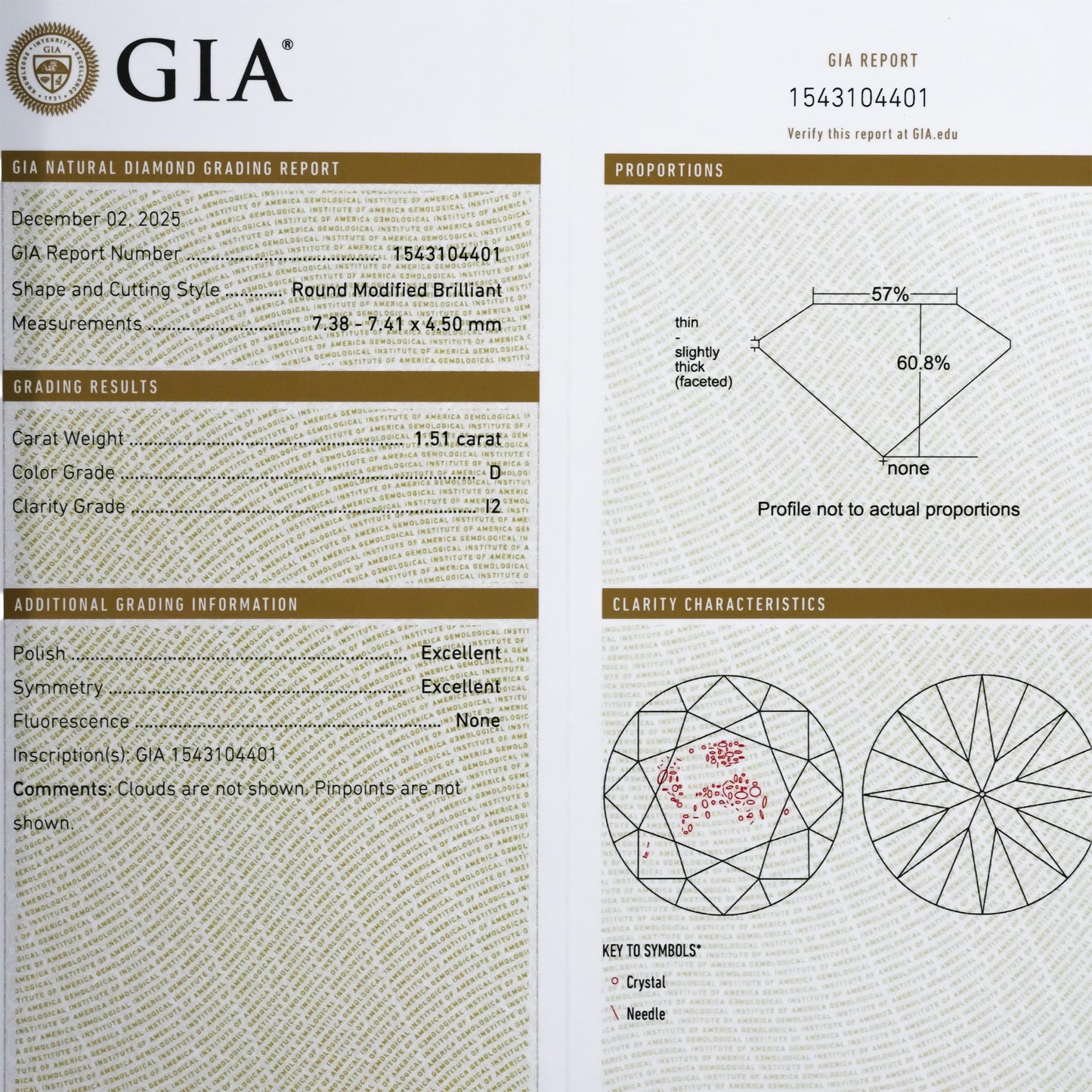 GIA Certified I2/D Round Cut Natural Diamond Loose Stone 1.51CT