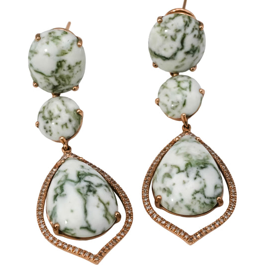 14k Rose Gold Diamond and Cabochon Tree Agate Drop Dangle Earrings 0.25CT