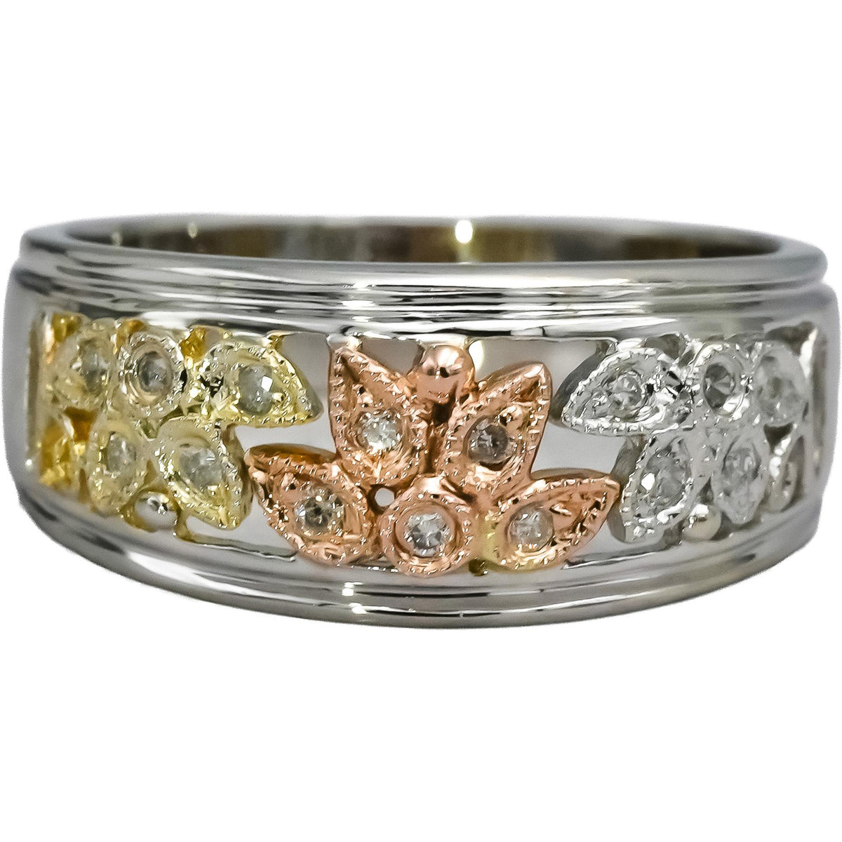14k White Yellow Rose Gold Round Diamond Floral Band Ring 0.15CT Size 6.25