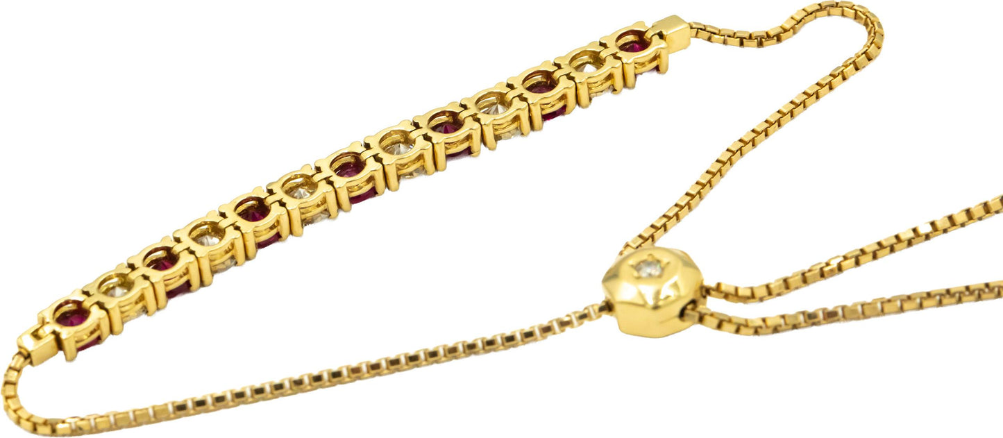 18k Yellow Gold Round Diamond and Ruby Adjustable Size Tassel Bracelet 3.57