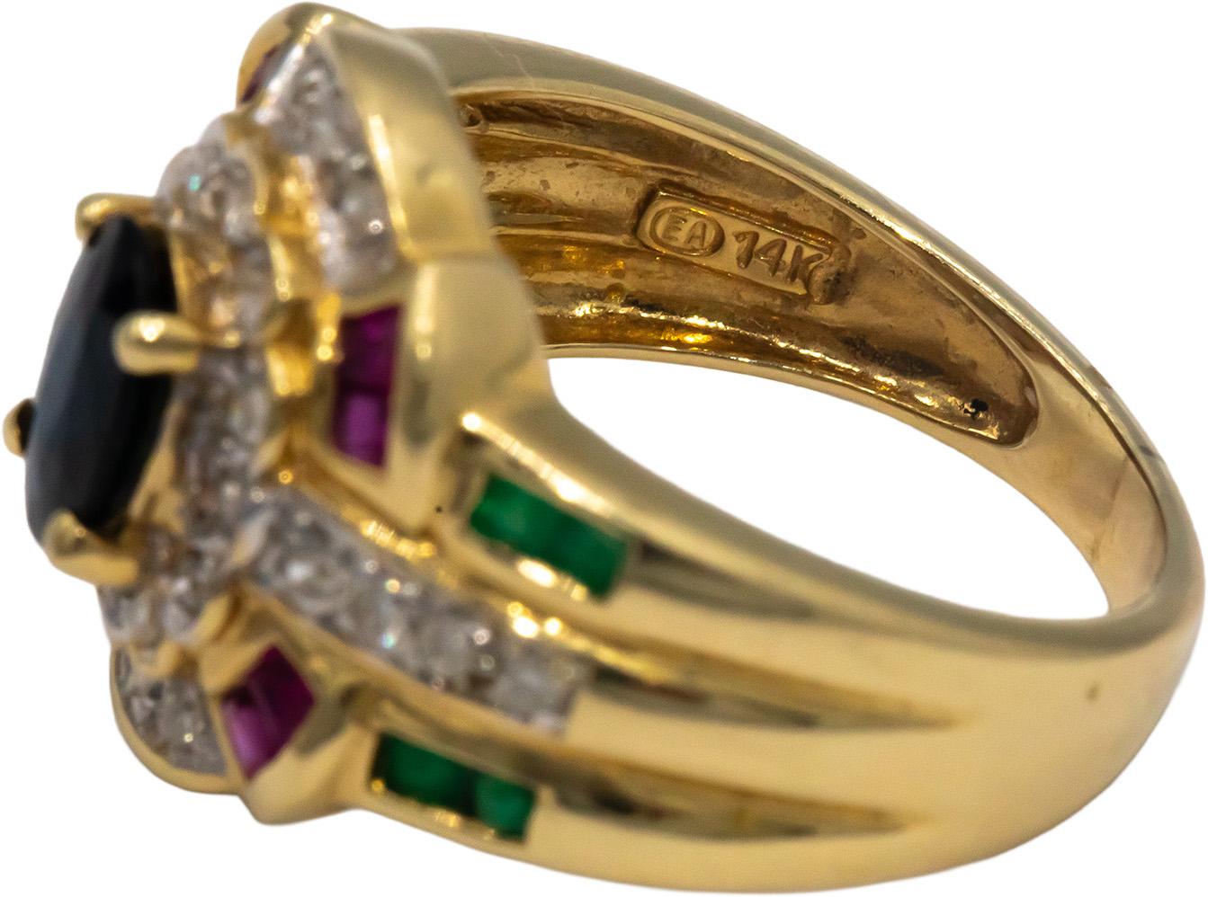 14k Yellow Gold 0.88CT Diamond Sapphire Emerald Ruby Cocktail Ring Size 6