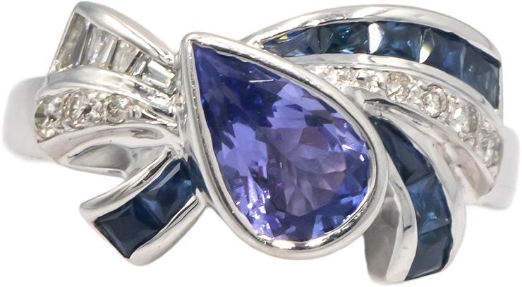 18k White Gold Diamond Tanzanite Sapphire Ribbon Cocktail Ring 1.40CT Size 7