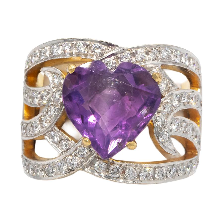 18k Yellow Gold 4.50CT VS Diamond and Amethyst Heart Cocktail Ring Size 6.5
