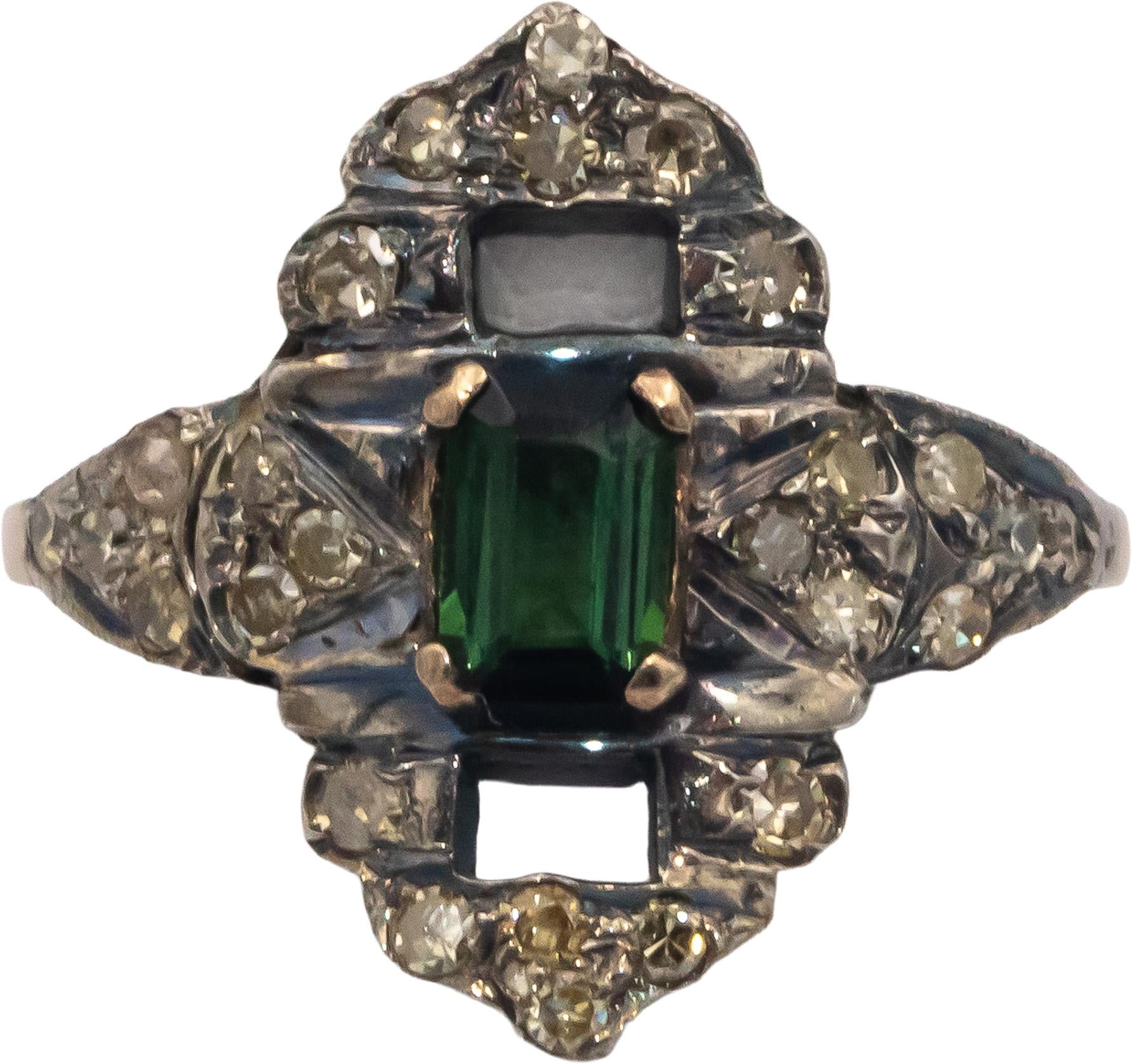 Vintage Antique 10k Gold & Silver 1.25CT Diamond and Tourmaline Ring Size 6.75