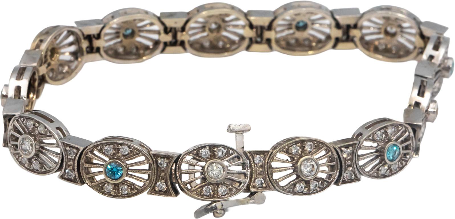 14k White Gold Round White and Blue Diamond Fancy Link Bracelet 1.50CT