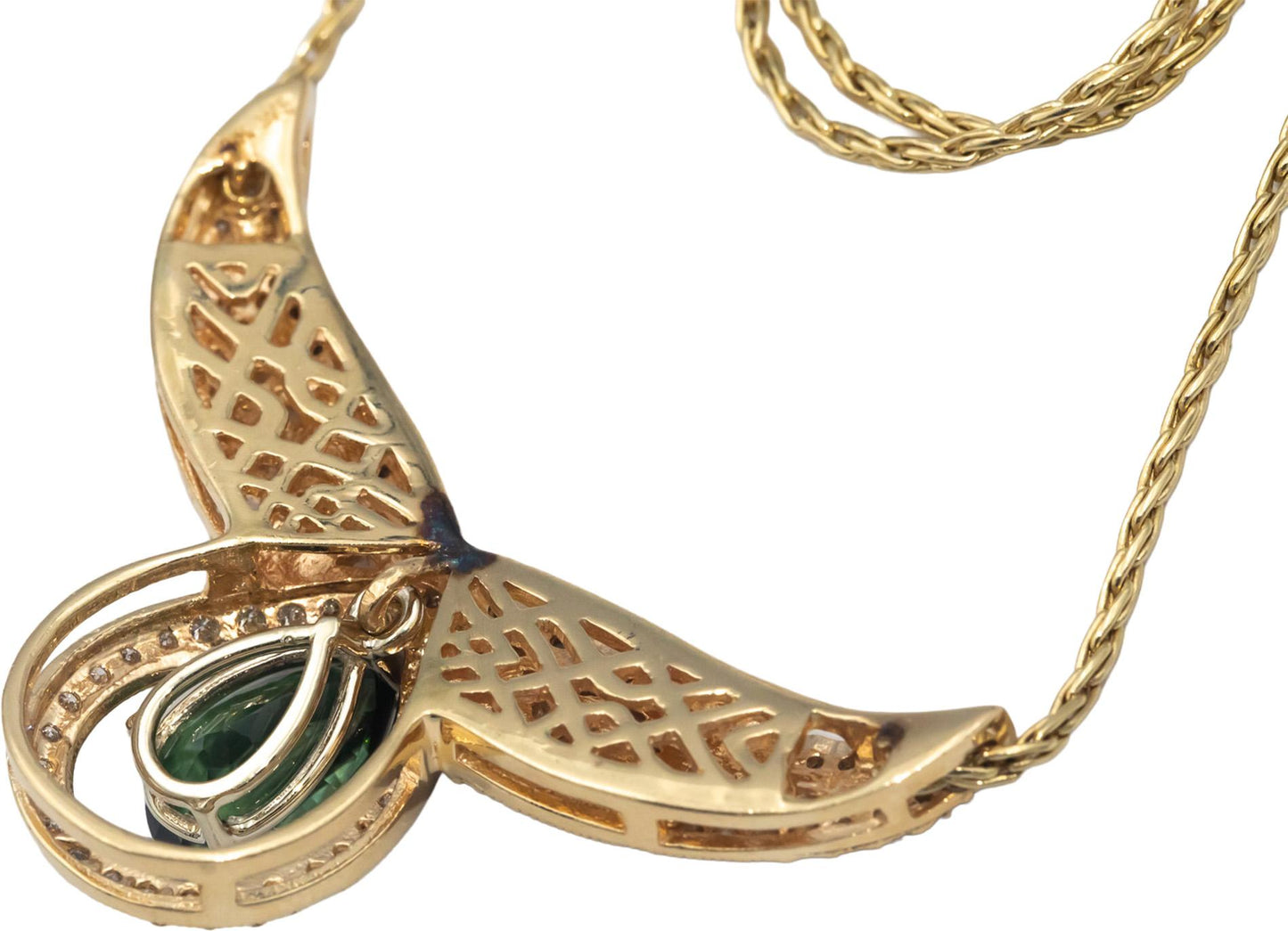14k Yellow Gold Diamond and Tourmaline Fixed Pendant Formal Necklace 4.15CT