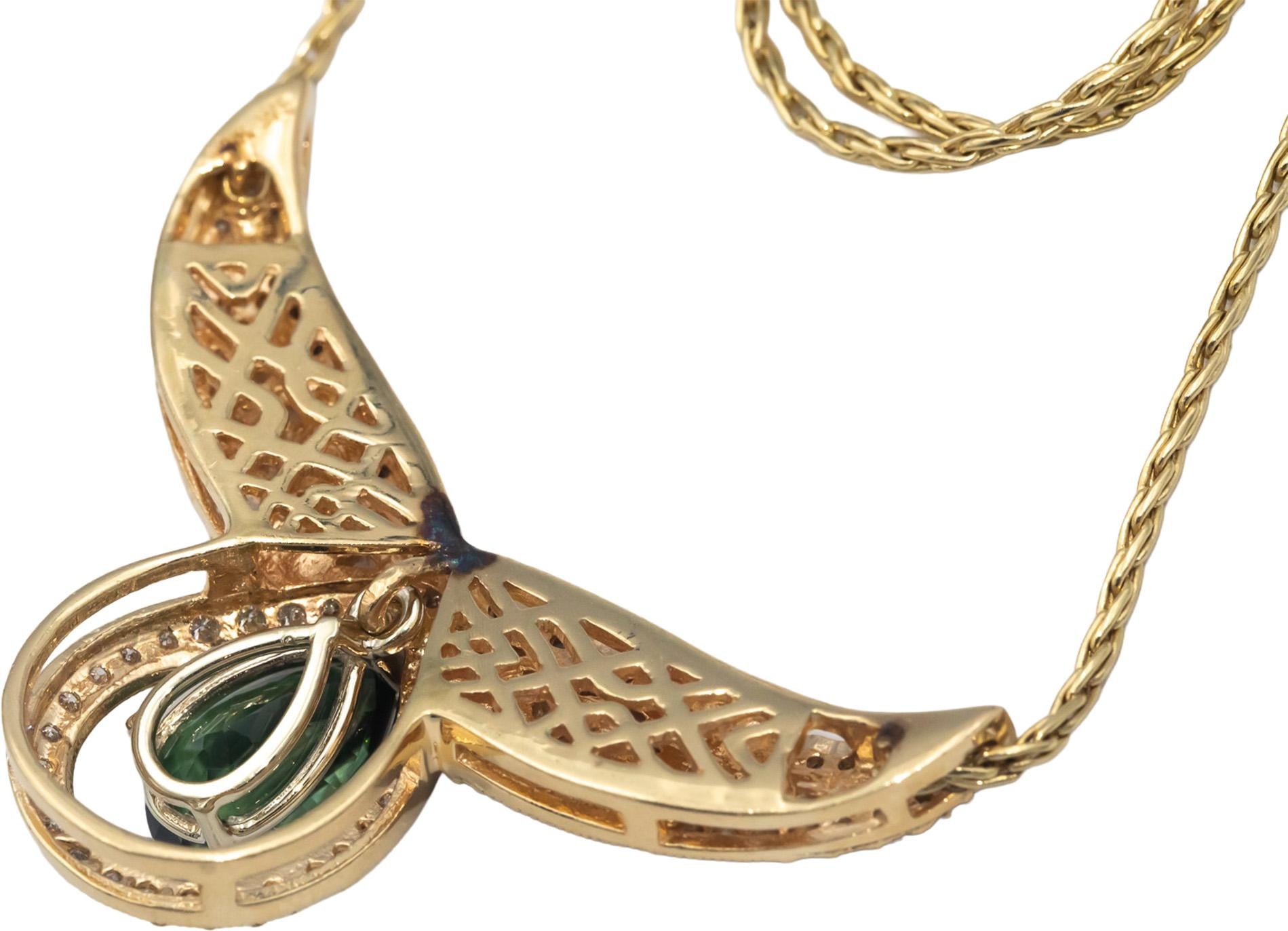 14k Yellow Gold Diamond and Tourmaline Fixed Pendant Formal Necklace 4.15CT