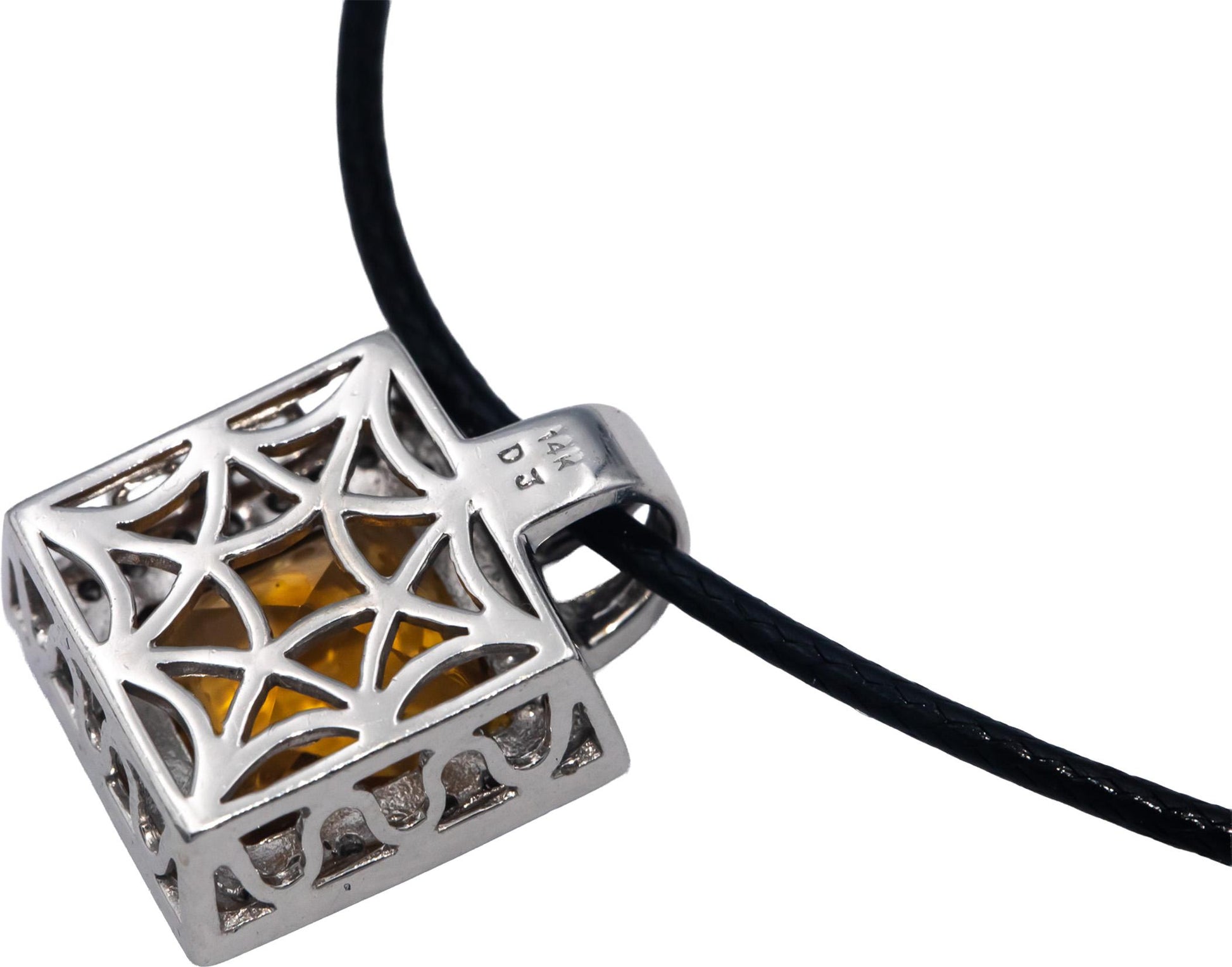 14k White Gold 5.75CT Round Cut Diamond and Cushion Cut Citrine Pendant Necklace