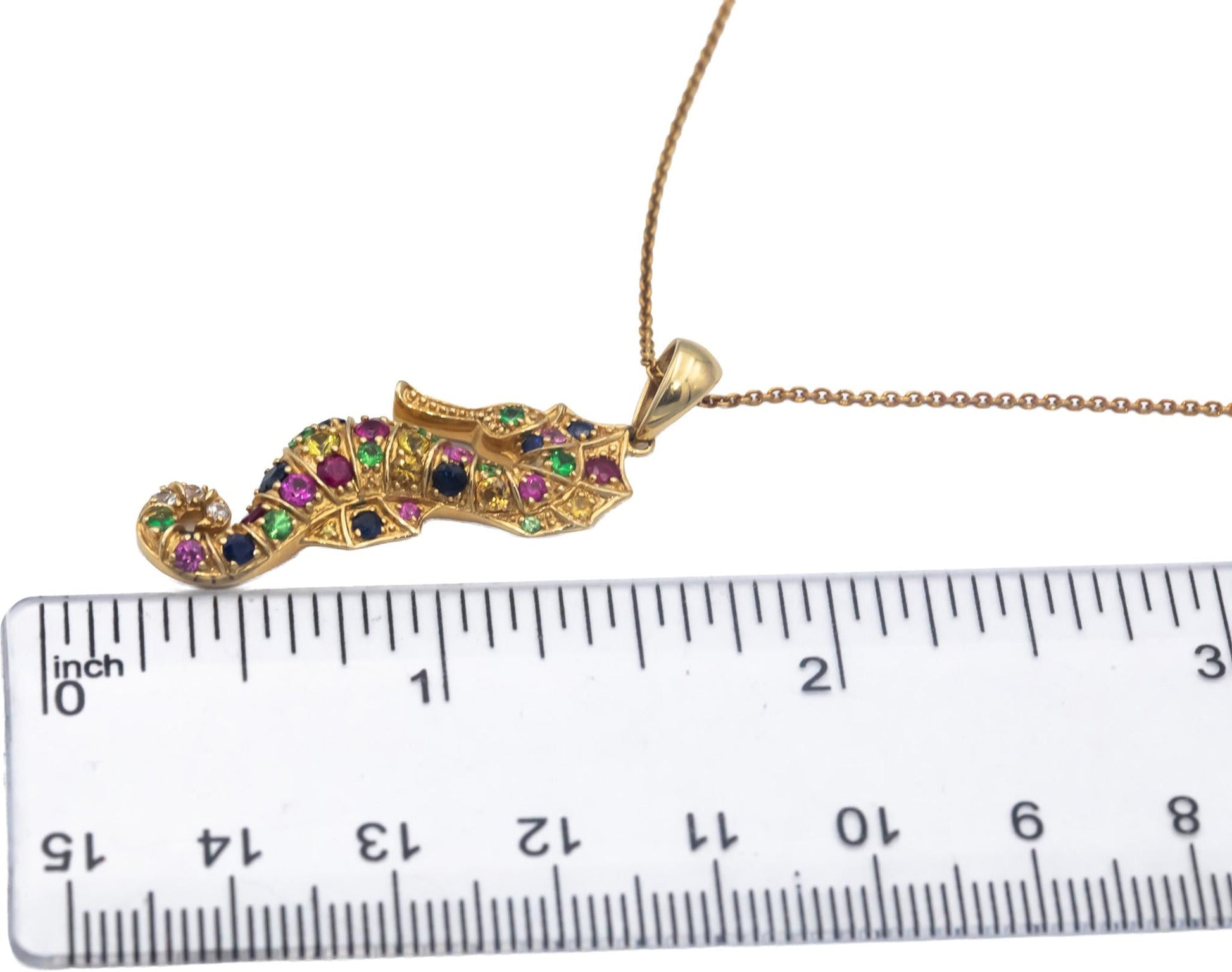 14k Yellow Gold 1.50CT Rainbow Multi-Color Sapphire Seahorse Pendant Necklace