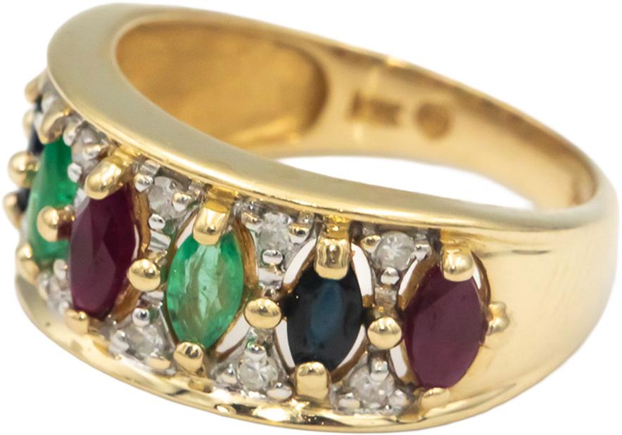 14k Yellow Gold 1.20CT Diamond Ruby Emerald Sapphire Cocktail Ring Size 7