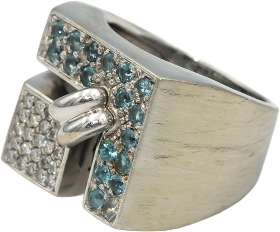 Diamond and Aquamarine 18k White Gold Abstract Cluster Ring 0.85CT Size 7