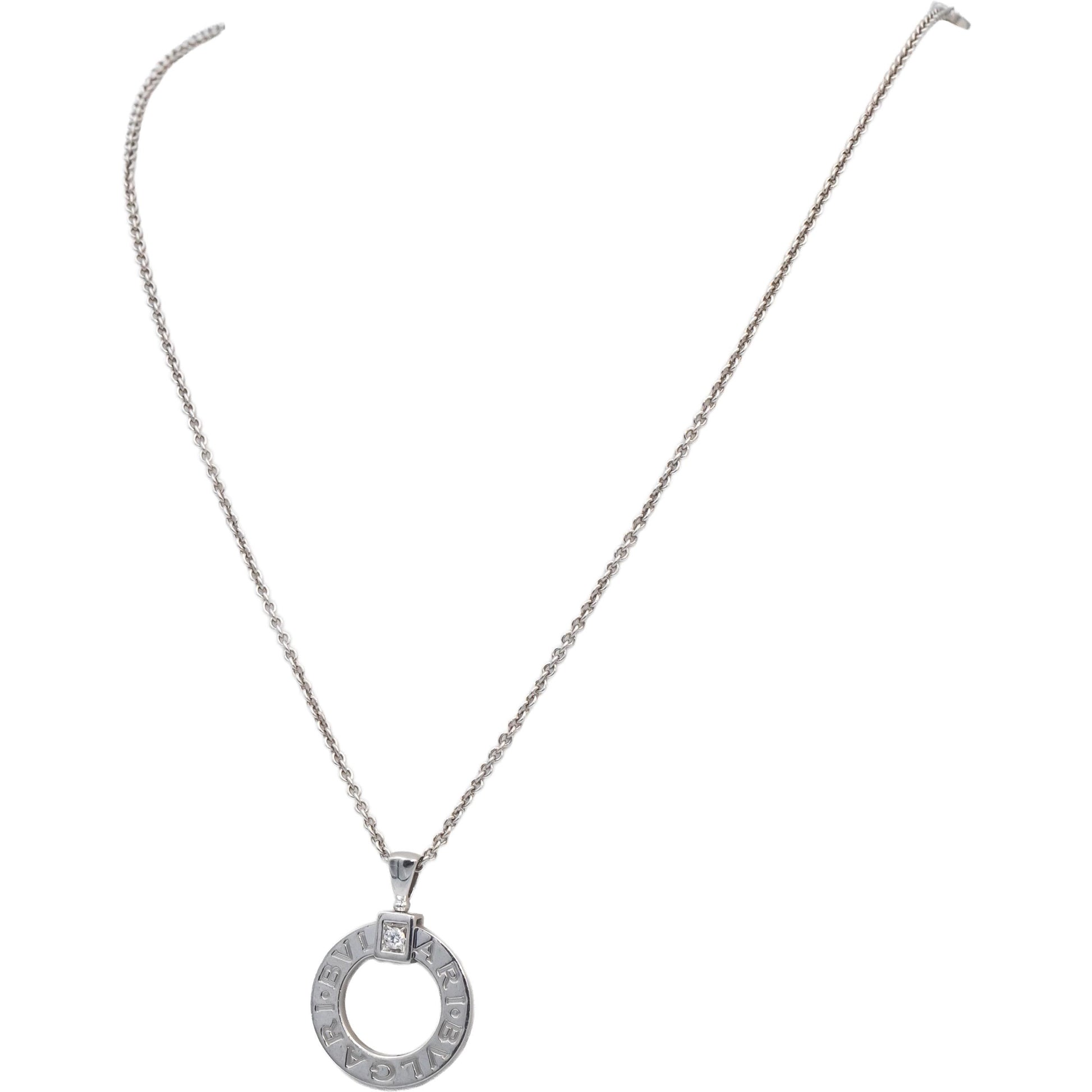 BVLGARI Round Diamond 18k White Gold Pendant Necklace w/ Box .07CT $6300 Retail