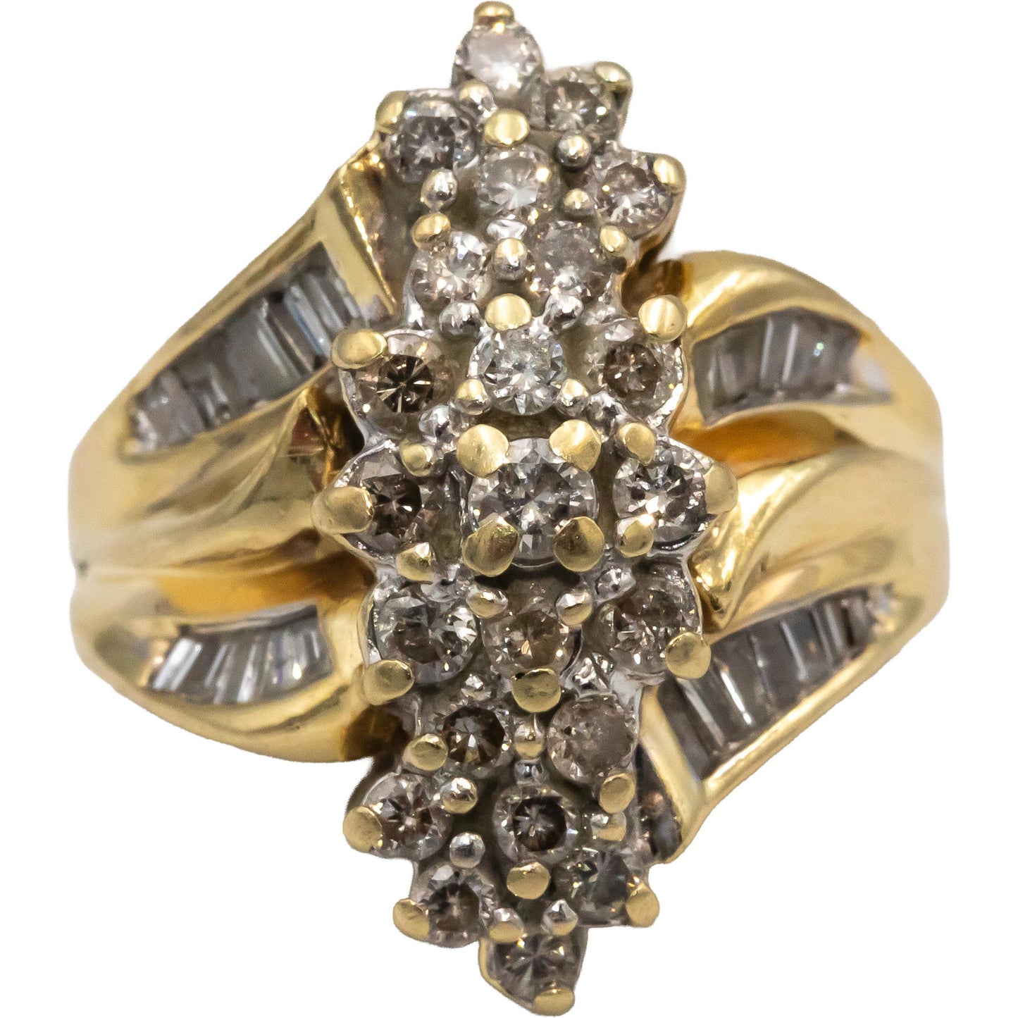 14k Yellow Gold Baguette & Round Diamond Cluster Cocktail Ring 1.0CT Size 6.5